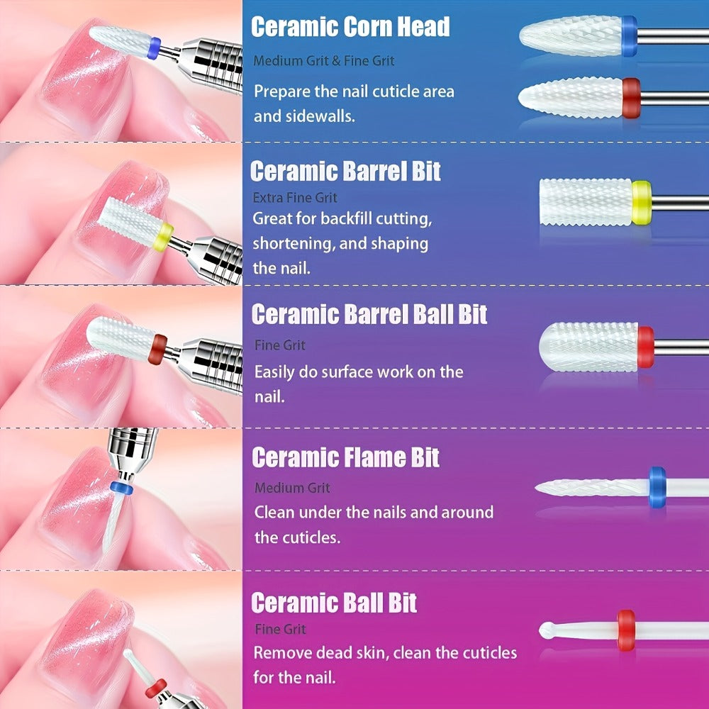 Nail Drill Bit Set Tungsten Steel & Ceramic Grinding Heads with Storage Box for Gel Removal Nail Enhancement Polishing Shaping Multi-Grit Abrasive Bands Coarse Medium Fine Electric Nail Drill Machine