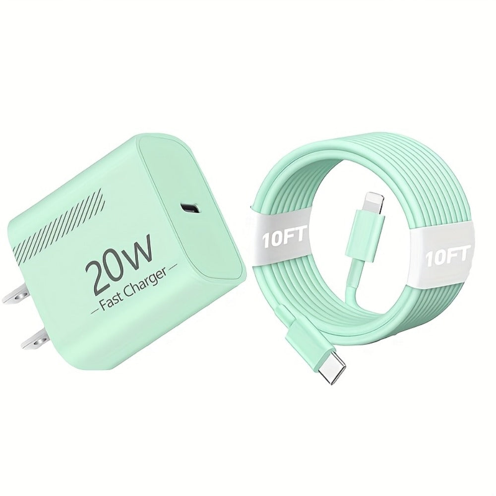 20W iPhone Fast Charger Bundle 3-Pack with 10ft L-Shaped Lightning Cable – 3 Chargers + 3 Cables Set for iPhone 14 13 12 11 Pro Max SE XR – Multi-Color USB-C Wall Charger Kit Family Value Pack