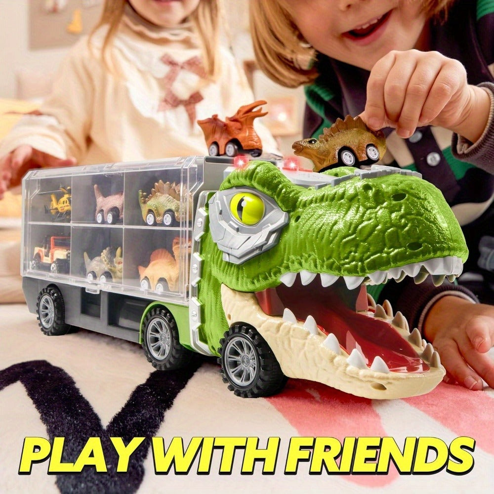Dinosaur Truck Toy Set, 13-Piece Carrier with Mini Cars and Helicopter