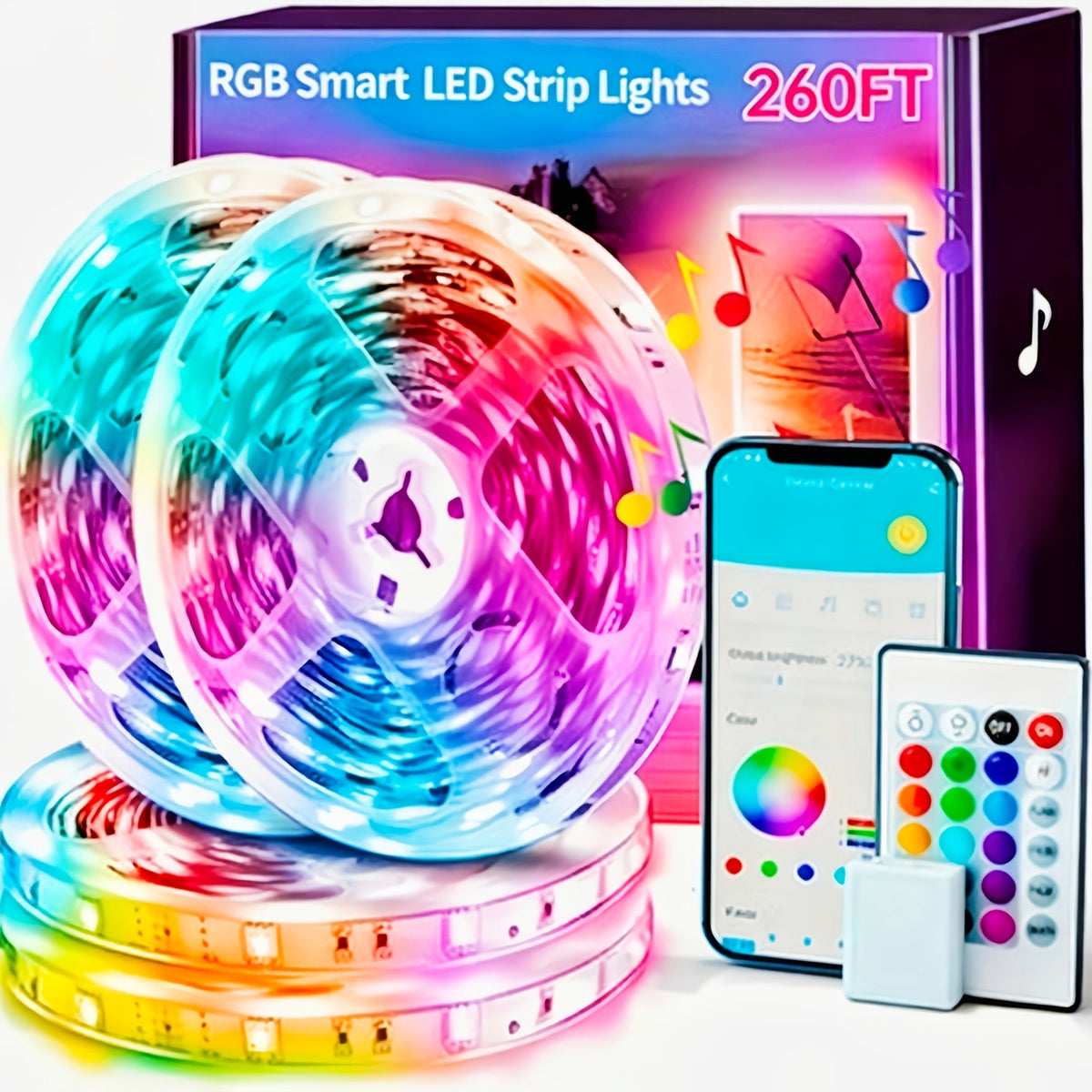RGB LED Strip Lights Music Sync Color Changing – App & 24-Key Remote Control Dimmable Timer Adhesive LED Light Strip for Bedroom Dorm Ceiling TV Holiday Decor – 6.56FT to 260FT