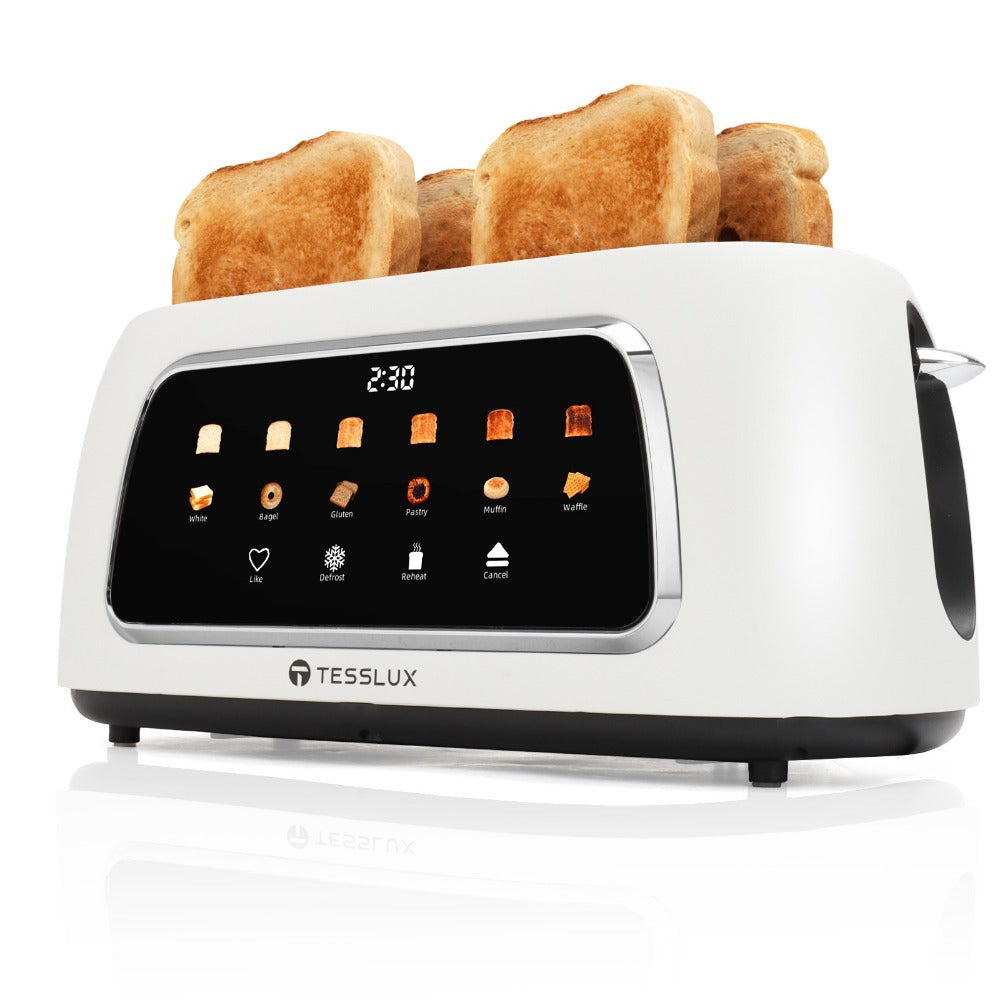 4 Slice Toaster with Touch Screen Control, 1.5" Wide Long Slots, 6 Browning Levels & 6 Bread Types – Digital Timer, Memory Function, Defrost & Reheat for Family Breakfast, White & Black