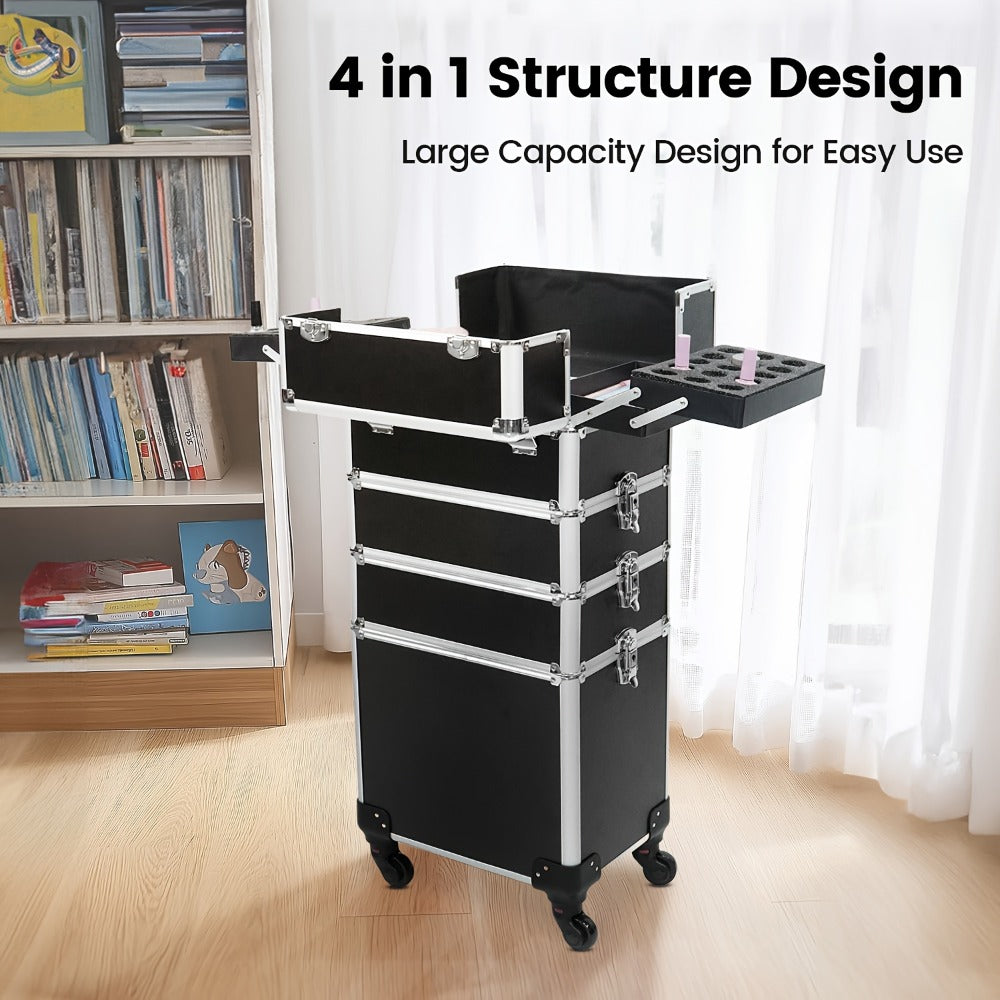 Rolling Makeup Train Case 4-in-1 Black Cosmetic Trolley with 360° Swivel Wheels & Makeup Sponges Set — Large Professional Salon Travel Beauty Organizer