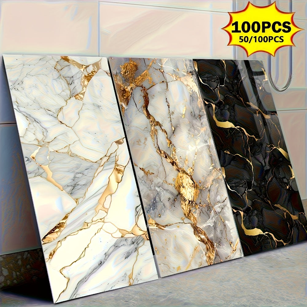 Peel and Stick Marble Tile Stickers – Self Adhesive Foam Wall Tiles for Bathroom Kitchen Office Bohemian Home Decor (50/100pcs, White/Gray/Black/Blue Gold)