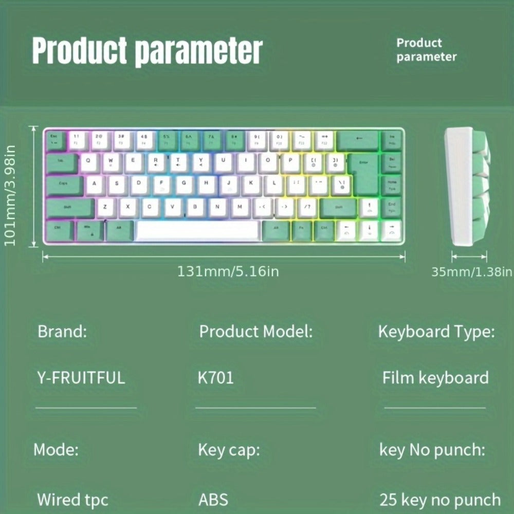 RGB Gaming Keyboard 68 Key Wired Mechanical Feel with RGB Backlight Film Switch Keycap Detachable Cable Compact TKL Layout for Gaming Office PC – 61/68 Key Multi-Color Options (K701)