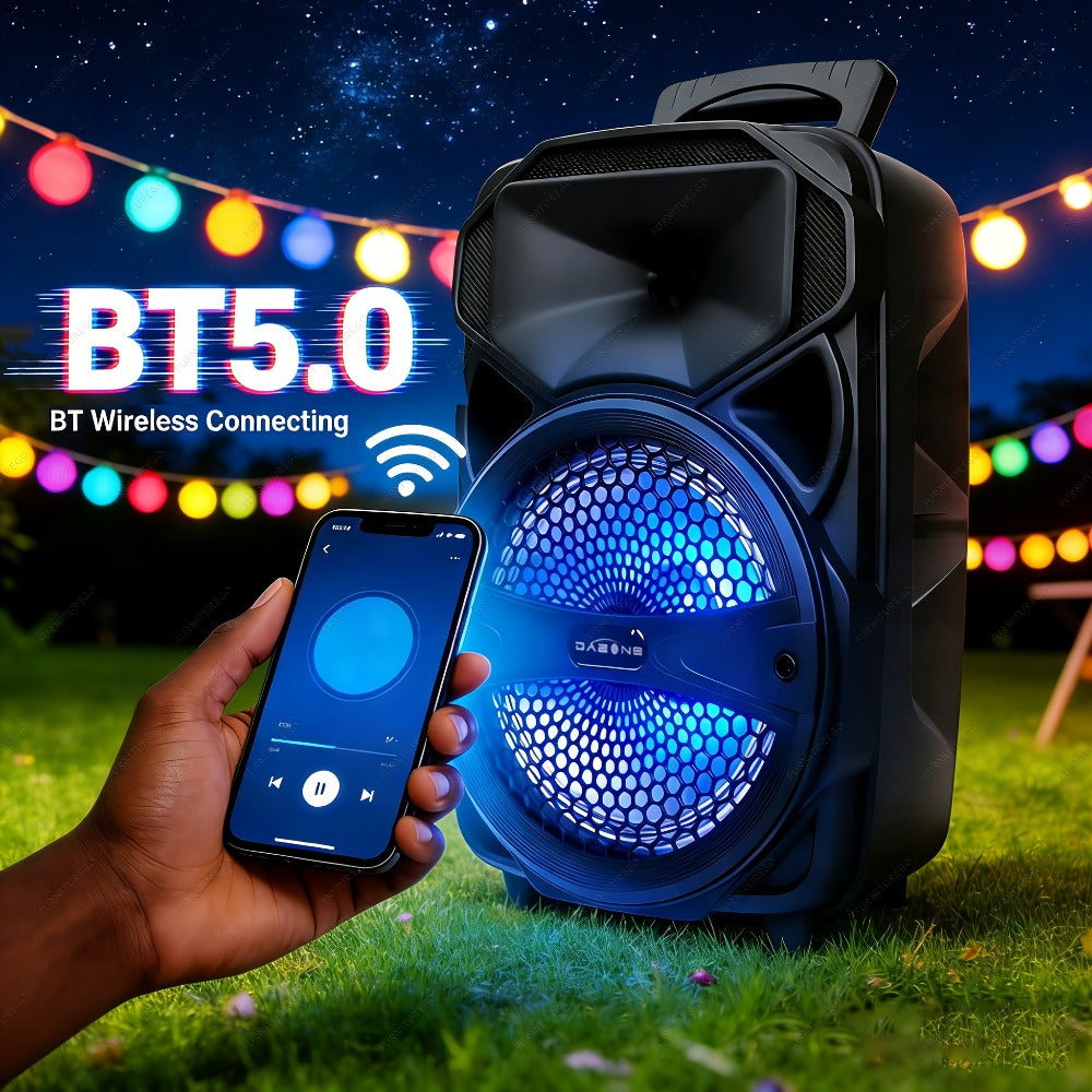1000W Karaoke Machine with Wireless Bluetooth Party Speaker, 8-Inch Subwoofer, Loud Sound System, FM Radio, EQ Mode, Strobe Lights, Wired Microphone & Remote Control for Adults and Kids
