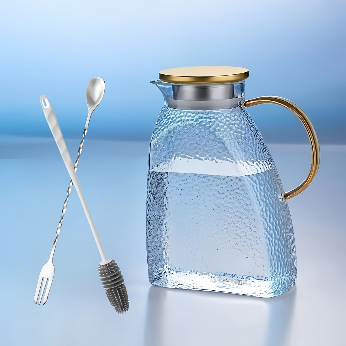 Glass Water Bottle Kettle Set – Heat-Resistant Large Capacity Fridge Door Storage with Cleaning Brush & Long Spoon – Perfect for Iced Tea, Cold Brew Coffee, Juice & Infused Water