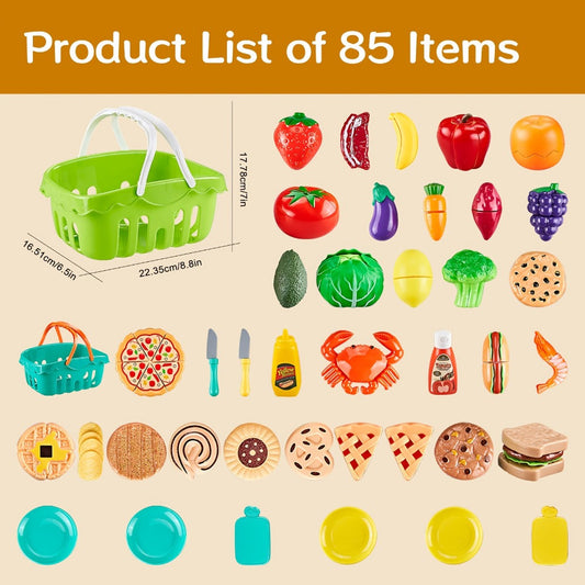 Pretend Play Food Set – 85-Piece Cutting Toy Food with Pizza, Vegetables, Fruits & 2 Baskets