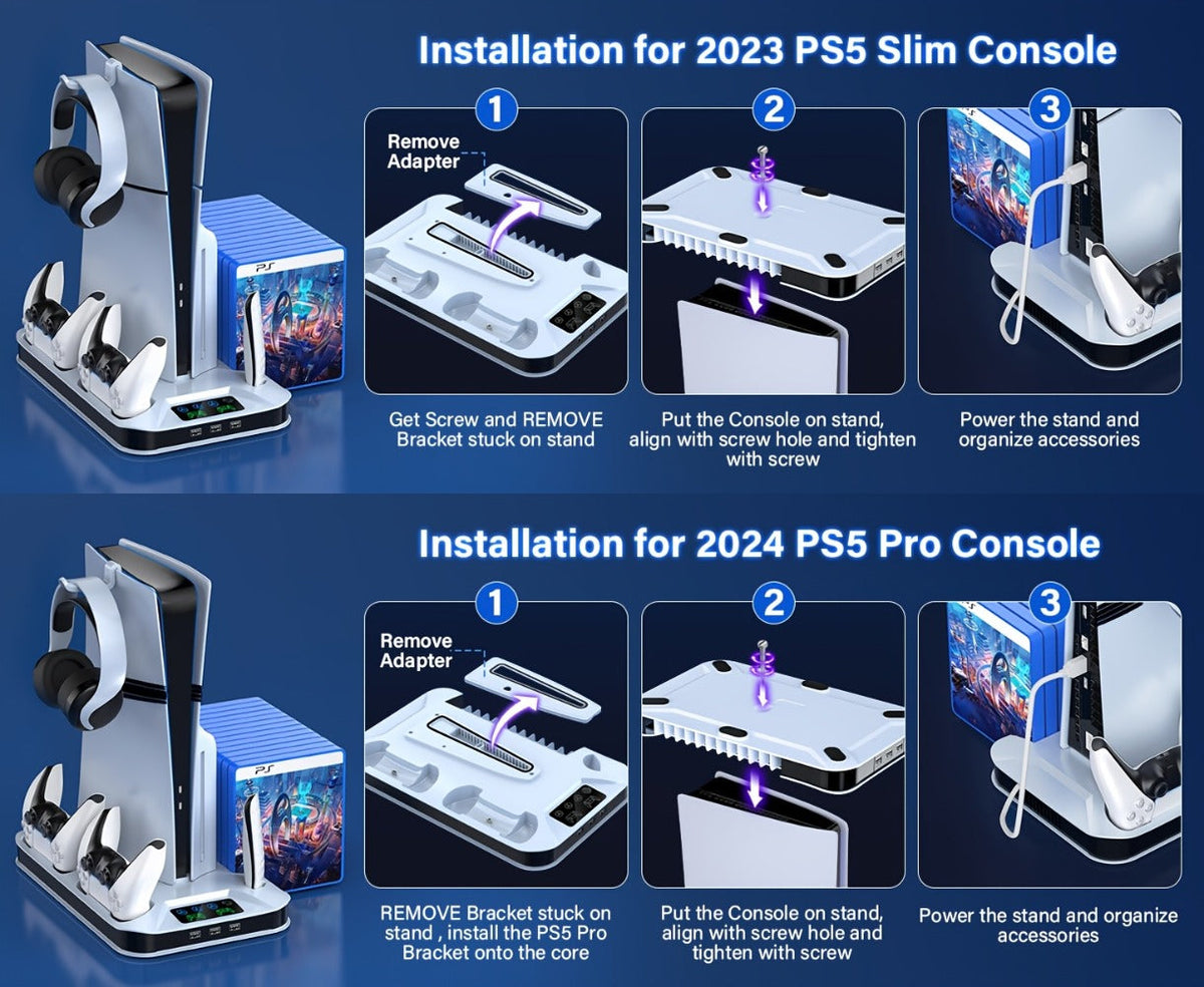 Auto Turbofan PS5 Cooling Stand with 3-Level Speed Control & Dual Controller Charger for PS5 / PS5 Slim / PS5 Pro – Charging Station for All PlayStation 5 Console Editions, Great Christmas Gift
