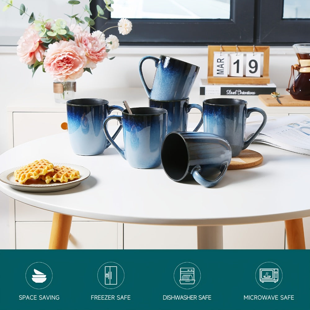Gradient Blue Ceramic Mugs Set of 6 – 14 Oz Reaction Glaze Coffee Mugs – Durable Stain-Resistant Unique Design – Perfect for Coffee, Tea & Gifting at Weddings, Parties & Holidays