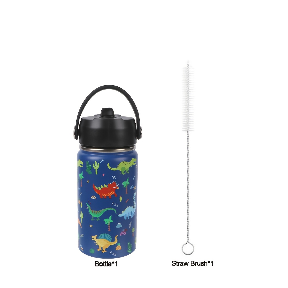 Insulated Stainless Steel Water Cup with Straw | 12oz 340ml, 3D Cartoon Pattern, Double Wall, Handle & Straw Brush – Travel, School & Outdoor