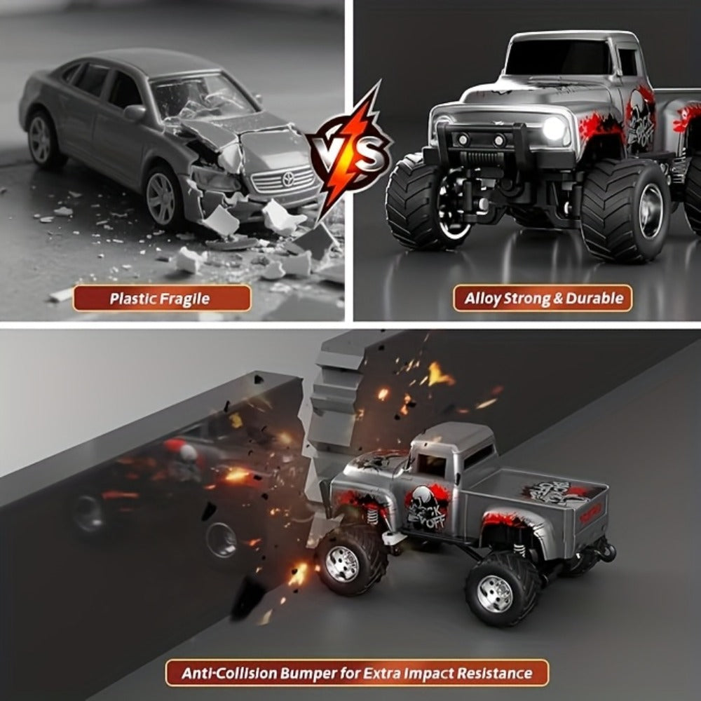 Mini Alloy RC Monster Truck 1:64 Scale 2.4GHz Off-Road Crawler with LED Lights, Street Graffiti Spray-Paint Design, White Headlights & Red Taillights – 5 Colors Kids Gift