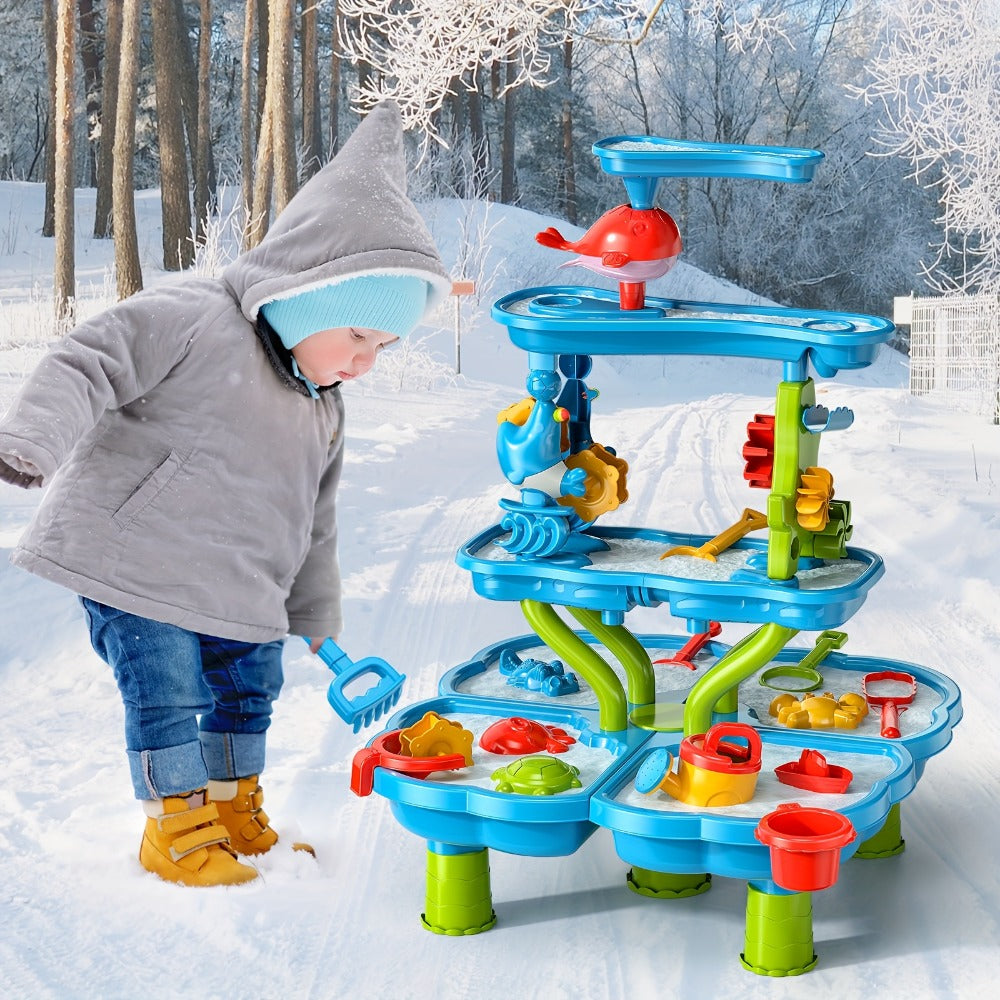 Kids Water and Sand Play Table with Double-Sided Waterfall and Beach Zone