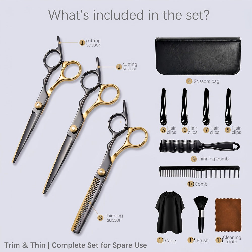 Hair Cutting Scissors Kit 13 Piece - Professional Barber Shears Set with Thinning Shears, Blending Scissors & Accessories, Complete Salon Home Haircut Kit for Men & Women All Hair Types