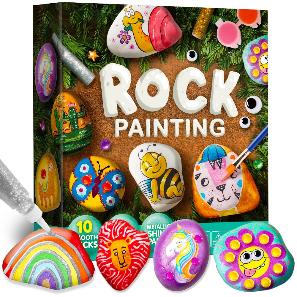 Rock Painting Kit for Kids 10 Stones 16 Paints 6 Metallic Colors Arts and Crafts Set for Girls Boys Ages 6+ DIY Stone Art with Gems Glitter Glue Stickers Brushes Birthday Christmas Gift