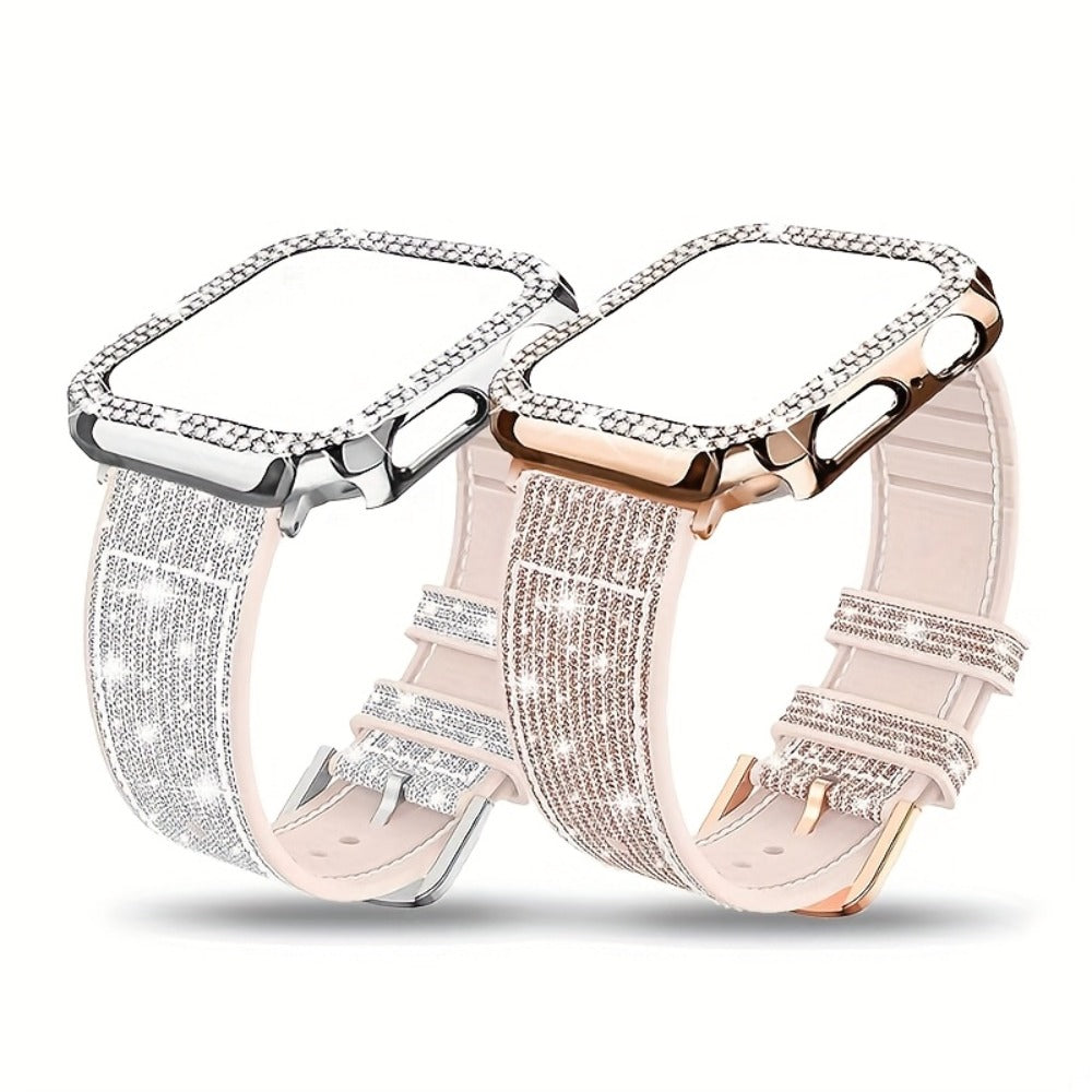 Apple Watch Band with Case Crystal Rhinestone Bling, Chameleon Color-Shift Strap + Shockproof Hard PC Cover, Compatible with Apple Watch Series 1-9 SE Ultra 38mm to 49mm S10 – Rose Gold Black Silver Women