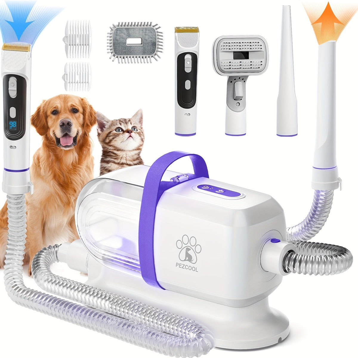 Dog Grooming Vacuum 8-in-1 & 9-in-1 with Dryer Function – 2.2L Large Cup, Low Noise Pet Grooming Vacuum for Shedding, 6 Grooming Tools, Strong Suction Home Dog Grooming Kit (Purple or Orange)