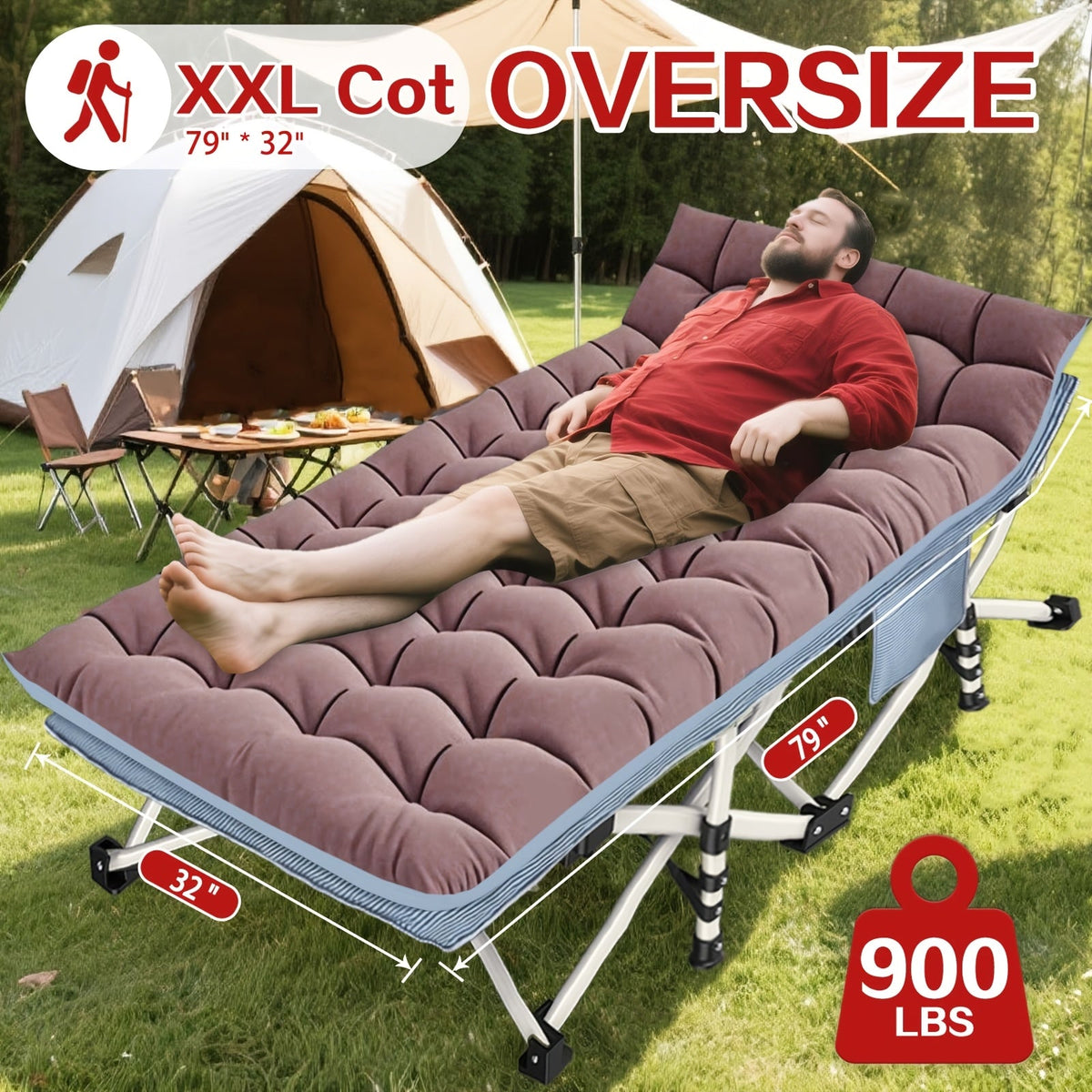 Folding Camping Cot with Mattress – XXL Heavy Duty Portable Sleeping Bed with Carry Bag, 700–900 lbs Capacity, 36×80 Inch Pad, Guest Bed for Adults, Easy Setup for Outdoor Camping Travel Backpacking