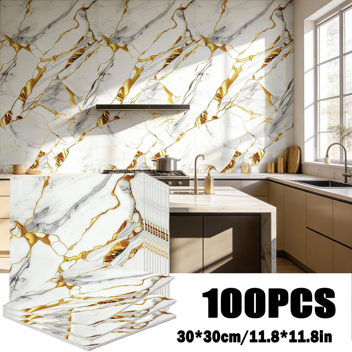 Self-Adhesive Marble Tile Stickers 11.8x11.8in Peel and Stick Wall Tiles for Bathroom Kitchen Backsplash – Waterproof 3D Glossy Imitation Marble Wall Panel, Easy to Install, 50 or 100 Pack