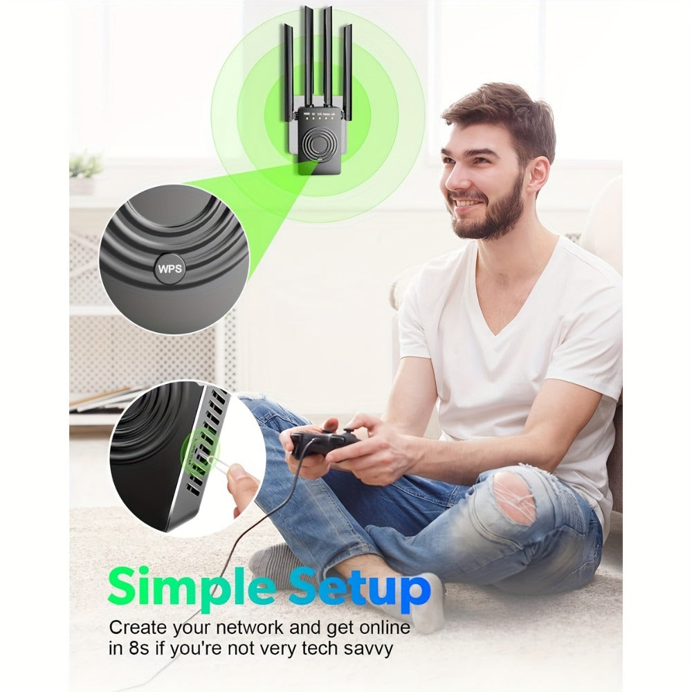 12880 Sq Ft WiFi Booster 1200Mbps Dual Band - Long Range Signal Extender Repeater Covers 105 Devices, Built-In Ethernet Port, WPS Easy Setup for Large Home Office Basement Garage Backyard