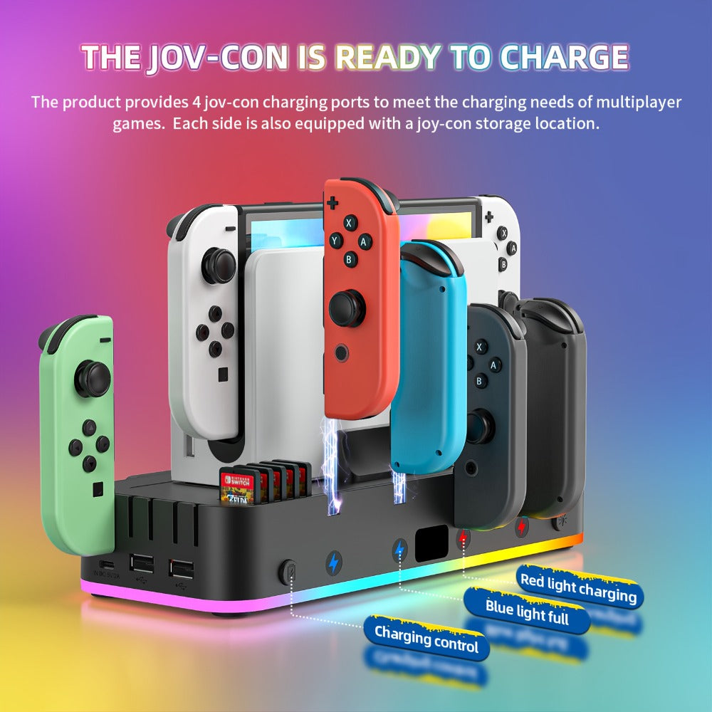 Nintendo Switch RGB Wall Mount with Charger – Switch/OLED Holder, 4 Controller Charger, 10 Card Slots, 15 RGB Light Modes, 2 USB Ports, Gaming Accessories Organizer Station