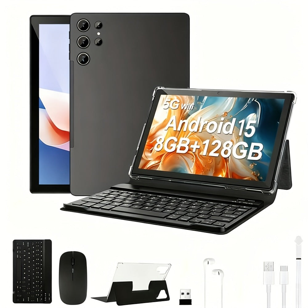 2-in-1 Tablet Android 15, 10.1 Inch Tablet with Keyboard Case Stylus, 8GB RAM 128GB ROM, 8000mAh Battery, 5G WiFi, 5MP+16MP Dual Camera, 1280x800 FHD IPS, Tablet PC for Adults Kids
