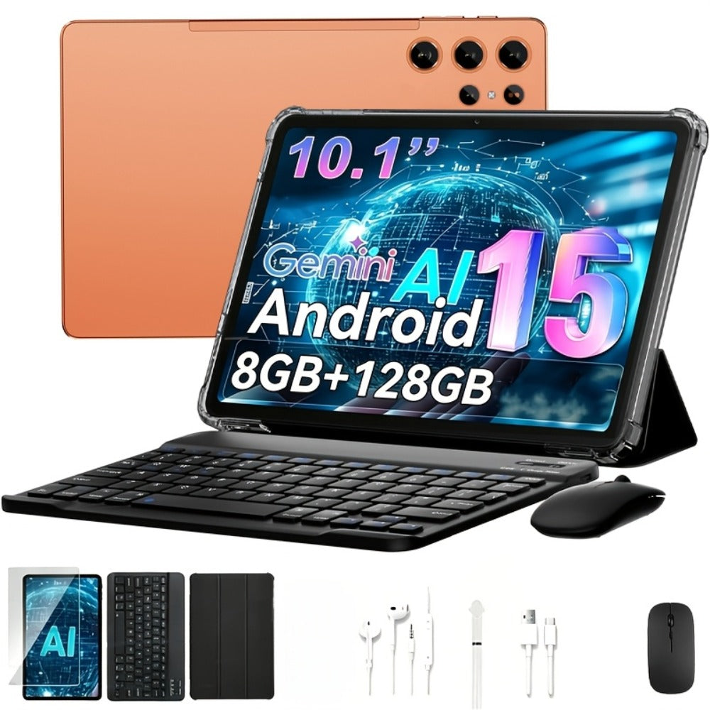 2-in-1 Tablet with Keyboard Android 15, 10.1 Inch 8GB RAM 128GB ROM 8000mAh Battery, 5G WiFi 16MP+5MP Dual Camera FHD IPS Display, Stylus Pen Included, Laptop Tablet PC for Work Study Entertainment – Black Pink Gold Gray Orange