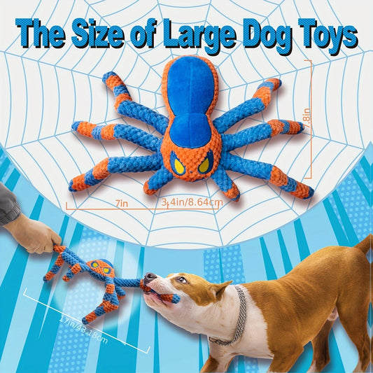 Squeaky Spider Dog Toy with Crinkle Legs for Tug and Fetch, Red or Blue