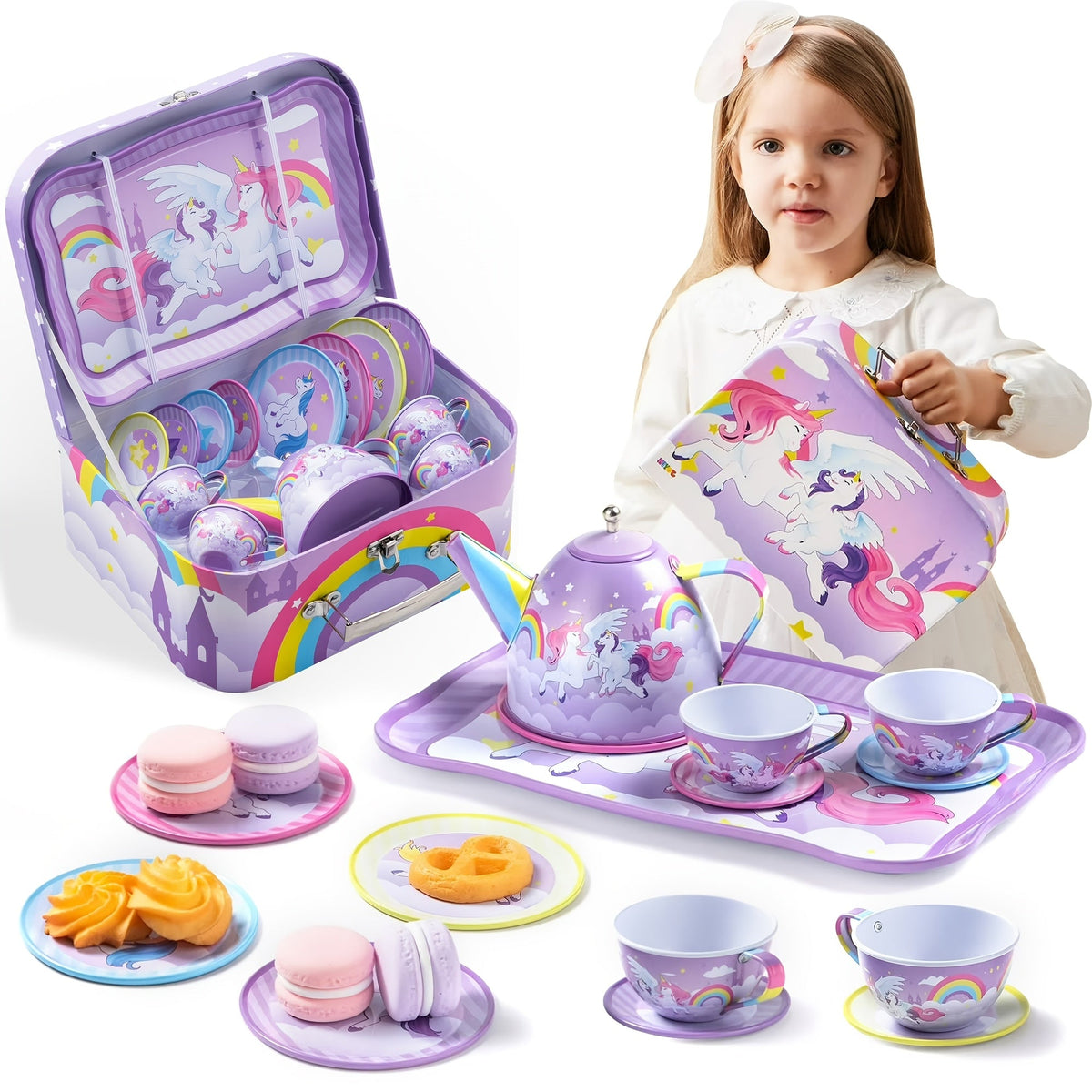 Purple Unicorn Pretend Play Tea Set with Teapot, Cups and Storage Case