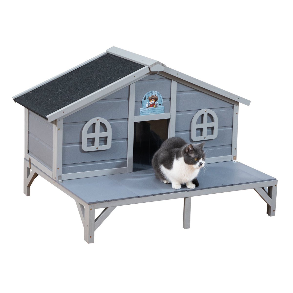 Outdoor Cat House Wooden Weatherproof Feral Cat Shelter with Deck, Elevated Legs & 2 Escape Doors – Large Indoor Outdoor Catio for 1-3 Cats, Rabbits & Small Animals, Grey