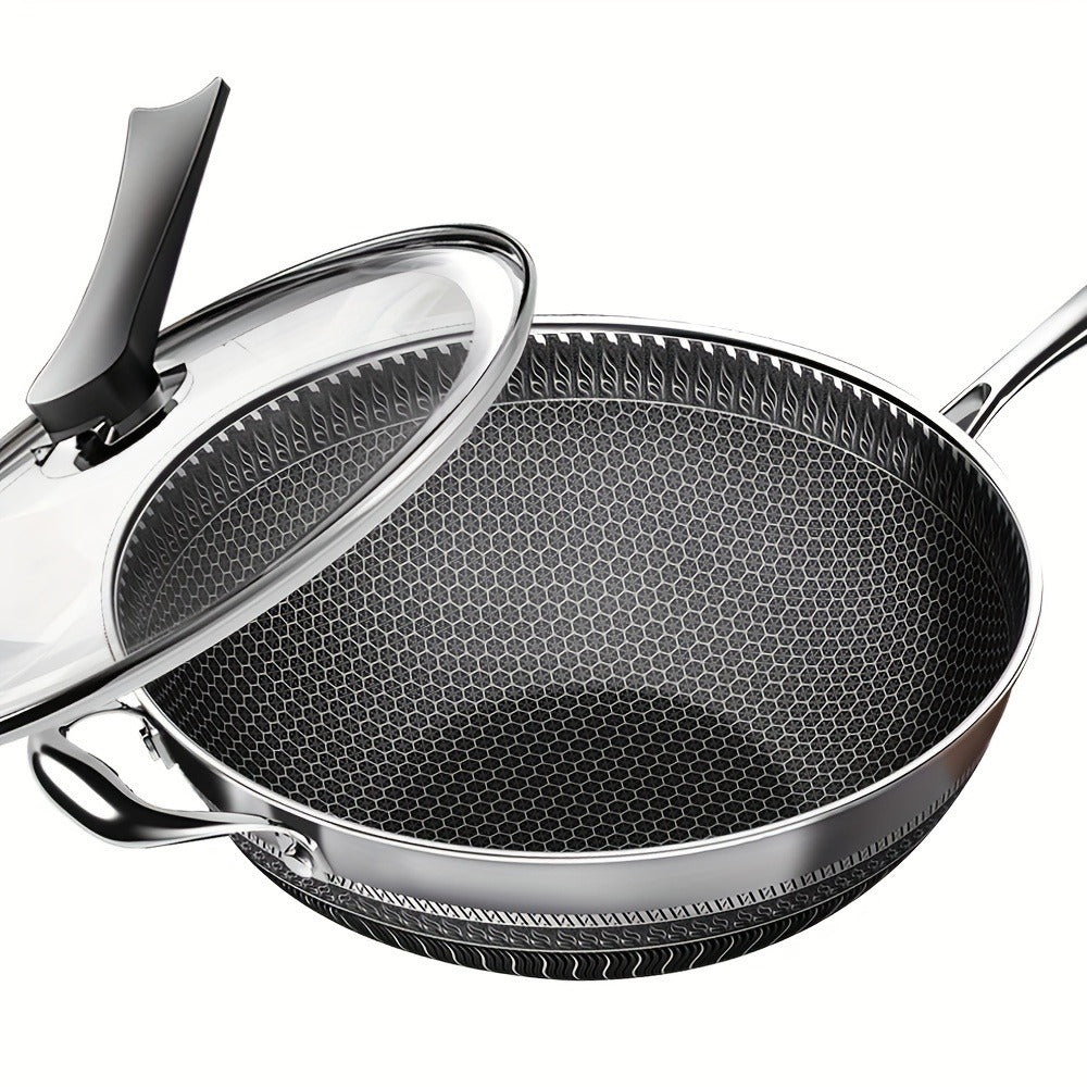 Stainless Steel Wok 13.3 Inch Honeycomb Non-Stick with Lid Spatula & Pot Brush – All Cooktop Compatible Stir Fry Pan | Induction Gas Electric Ceramic | Complete Kitchen Wok Set Cooking Accessories