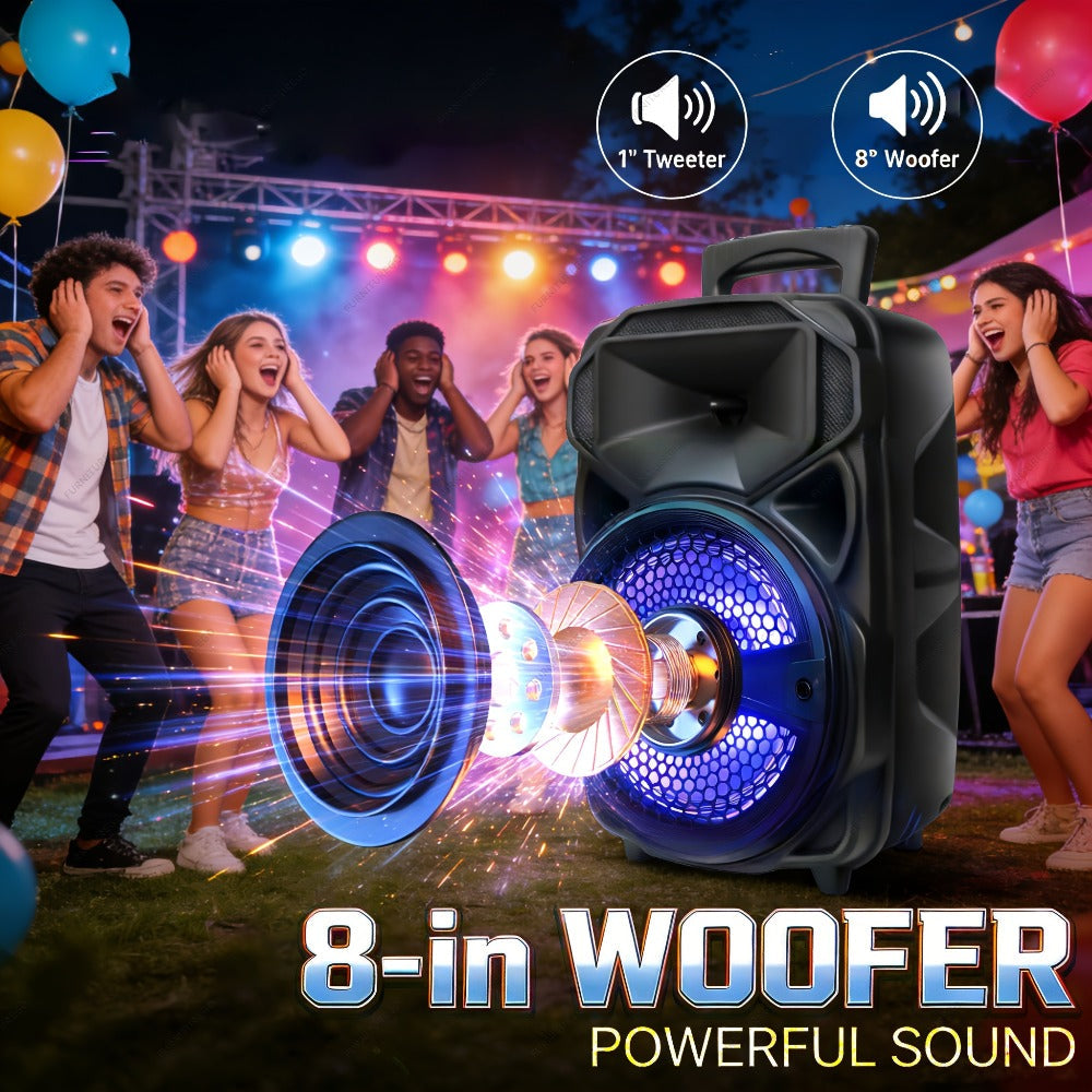 1000W Karaoke Machine with Wireless Bluetooth Party Speaker, 8-Inch Subwoofer, Loud Sound System, FM Radio, EQ Mode, Strobe Lights, Wired Microphone & Remote Control for Adults and Kids