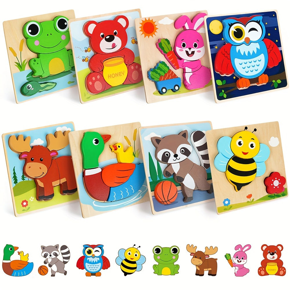 Wooden Animal Puzzles for Toddlers 12 Months+, 8-Pack with Bear, Bunny, Owl, Duck & More