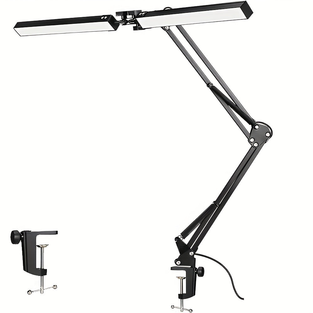 Dual Head Clamp Desk Lamp USB Powered – 2X Brighter Swing Arm LED Light, 3 Color Modes & 10 Brightness Levels for Dual Monitors, Drafting, Workbench & Home Office, Black