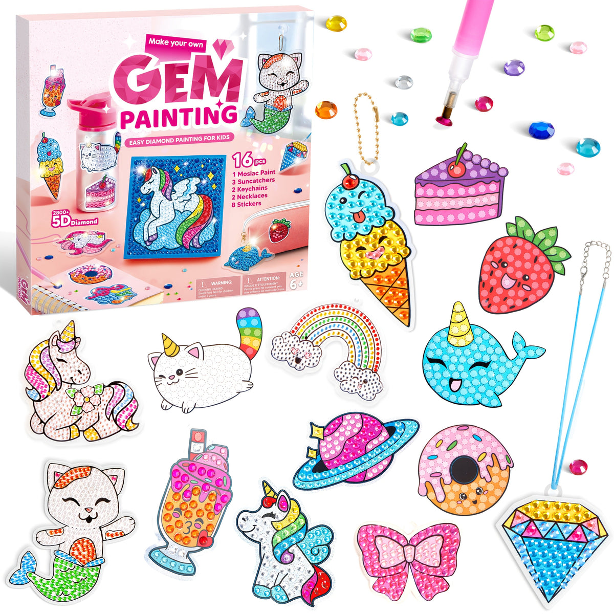 Diamond Gem Art Kit for Kids, 16 Projects, 2,800+ 5D Gems with Suncatchers & Jewelry