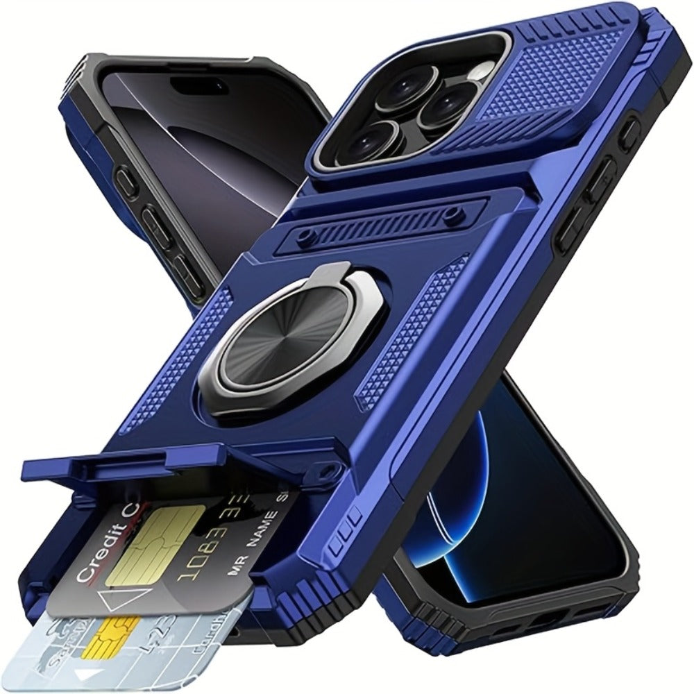 iPhone Card Slot Shockproof Case with Ring Holder & Kickstand – Wallet Phone Cover for iPhone 17 17 Air 17 Pro Max 16 15 14 13 12 11 Pro Max Plus Mini | Heavy Duty Drop Protection