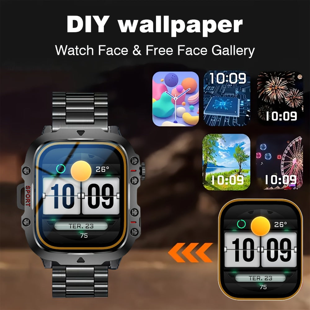 Men's Outdoor Smartwatch 4.6" HD Touch Screen with Wireless Calling & LED Display, USB Charging, Multiple Sport Modes, Heart Rate Activity Tracker, Compatible with iPhone & Android – Black Gold Gift Watch for Men