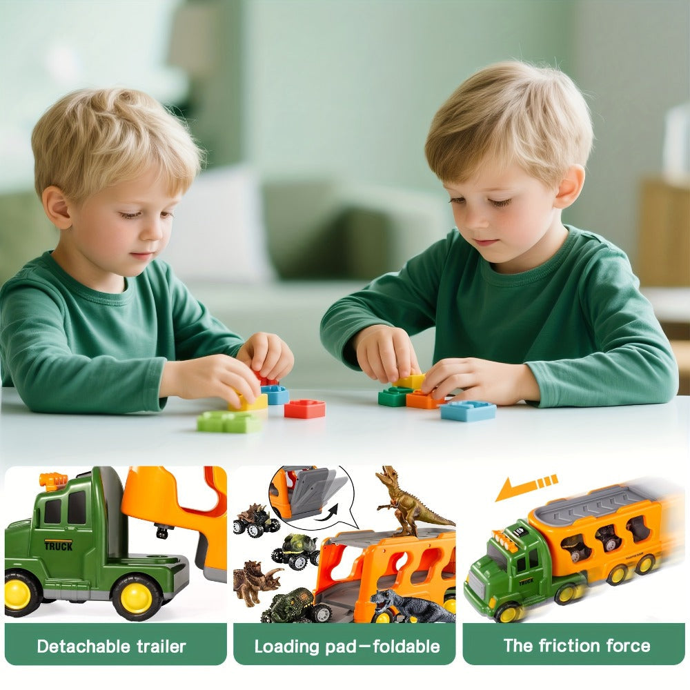 Dinosaur Transport Truck Toy Set with Figures, Cars, Lights and Sounds
