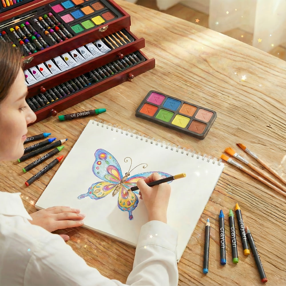 172 Piece Deluxe Art Set in Wooden Case with 2 Drawing Pads Crayons Acrylic Paints Colored Pencils Professional Art Kit Gift Box for Artists Beginners Ages 8+ Birthday Christmas