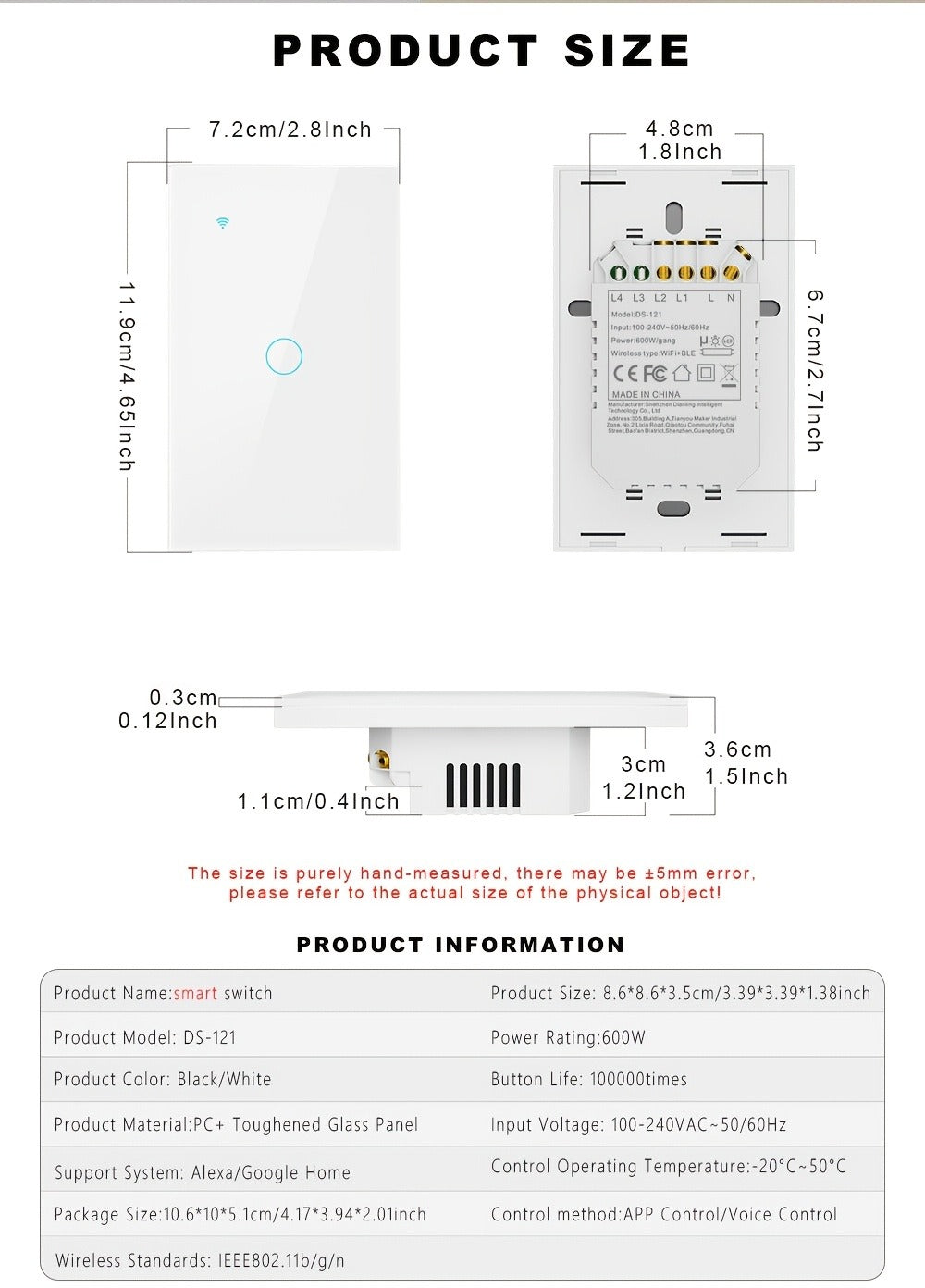 White Glass WiFi Bluetooth Touch Screen Smart Switch 1/2/3/4 Gang – Scratch-Resistant, Works with Alexa & Google Home, Tuya App, Smart Scenes, Timer, Share Function, 600W/Gang, Neutral Required