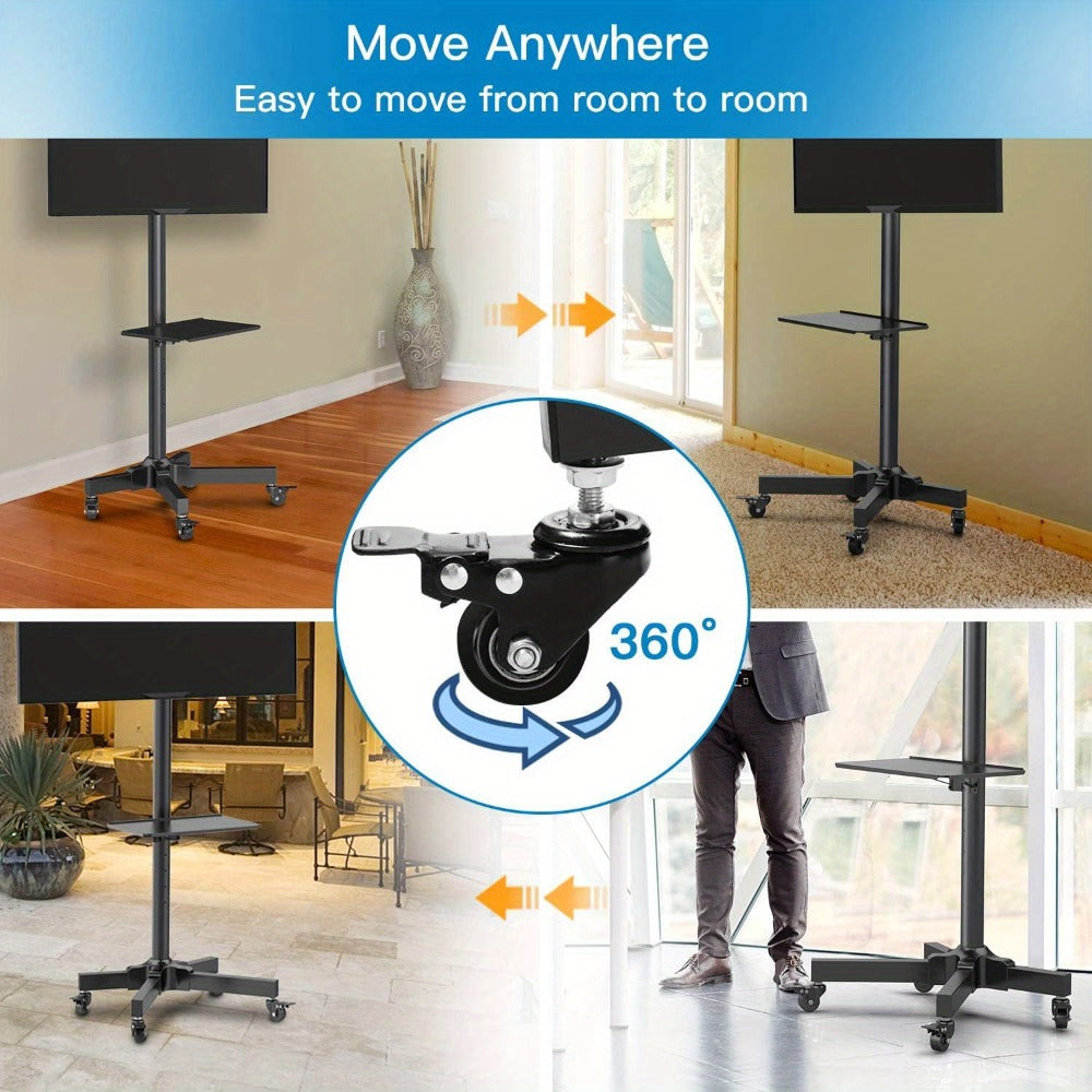 Rolling TV Cart Stand for 23-60 Inch TVs – Height Adjustable 12-24", Lockable Wheels, Media Shelf, Cable Management, 55 lbs Capacity, VESA 100-400mm, Home Office & Commercial Use, Black