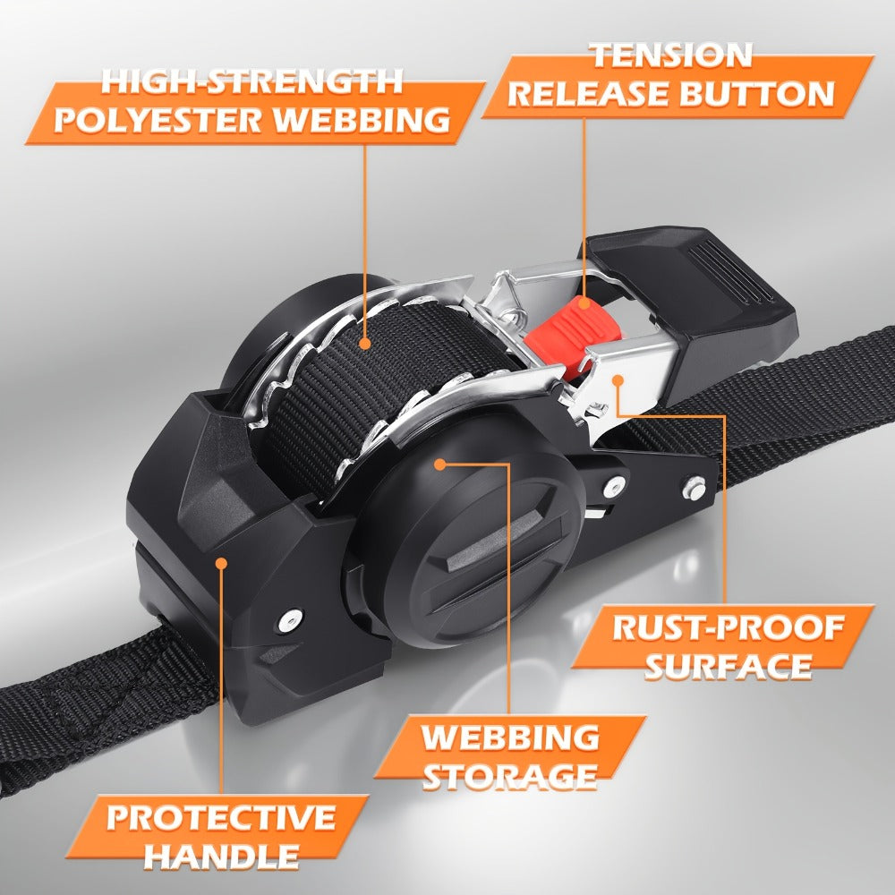 Retractable Ratchet Straps with Extension Strap – Heavy Duty Auto Self-Retracting Tie Down Cargo Straps for Truck Trailer Motorcycle Moving & Appliances