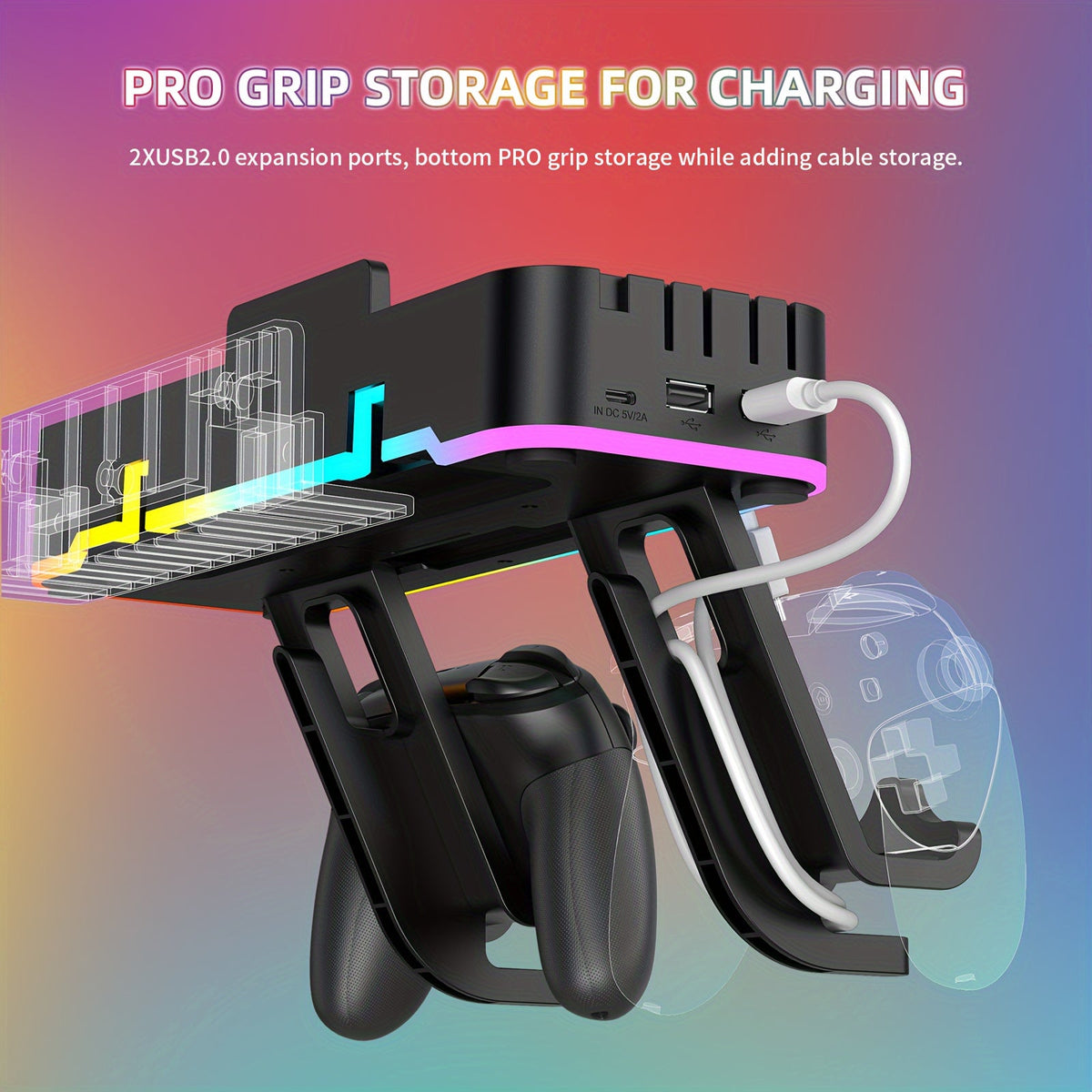 Nintendo Switch RGB Wall Mount with Charger – Switch/OLED Holder, 4 Controller Charger, 10 Card Slots, 15 RGB Light Modes, 2 USB Ports, Gaming Accessories Organizer Station
