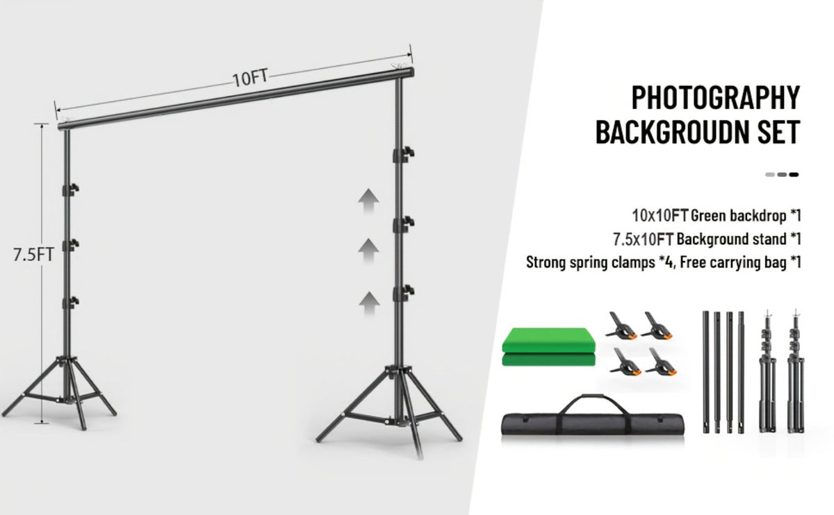 Green Screen Backdrop with Stand Kit 10x10Ft Chroma Key Background 7.5x10Ft Portable Stand with Carrying Bag 4 Clamps for Photoshoot Portraits Party Video Recording Streaming