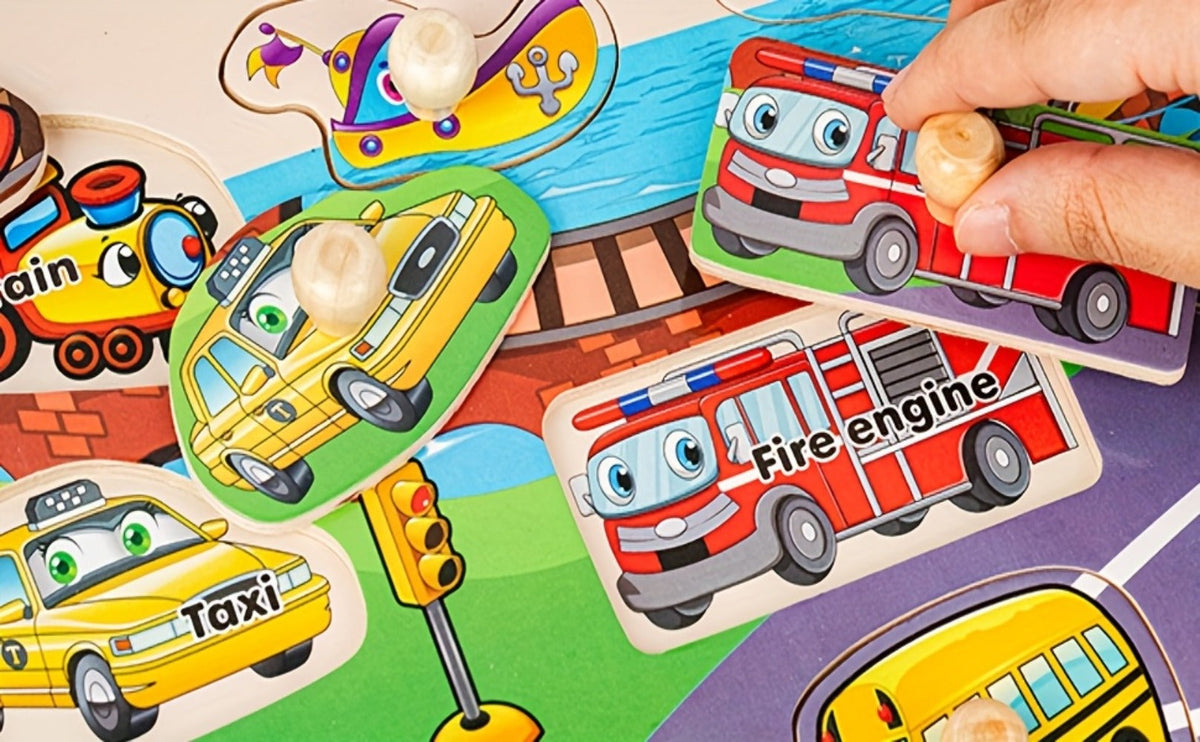 Wooden Toddler Puzzle Set with Storage Rack, Two Theme Options