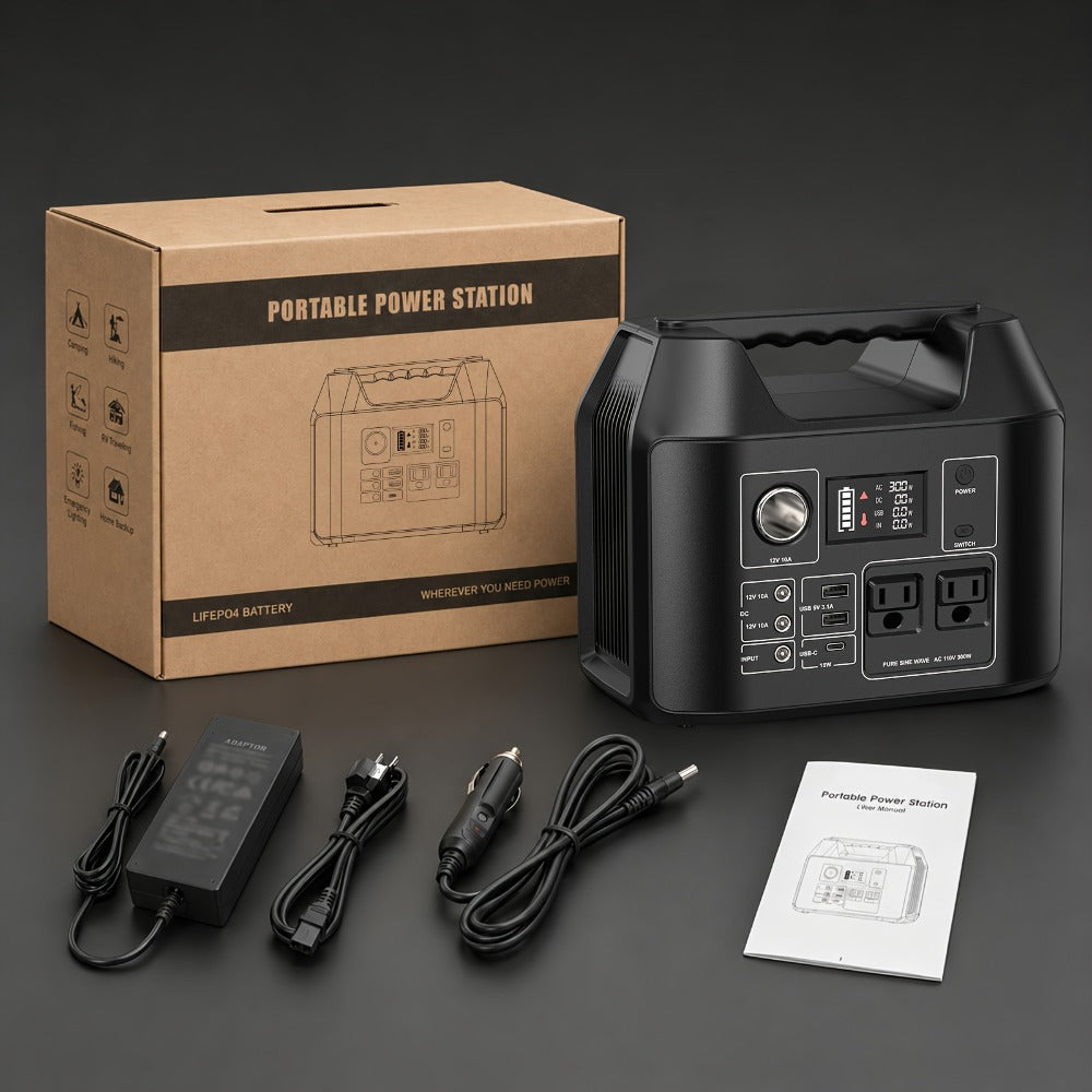 300W Portable Power Station Solar Generator with AC Outlet, DC & USB Outputs, LED Flashlight, Built-in Cooling Vents – 256Wh Lithium-Ion Battery for Camping, RV, Emergency Home Backup, Outdoor Adventures