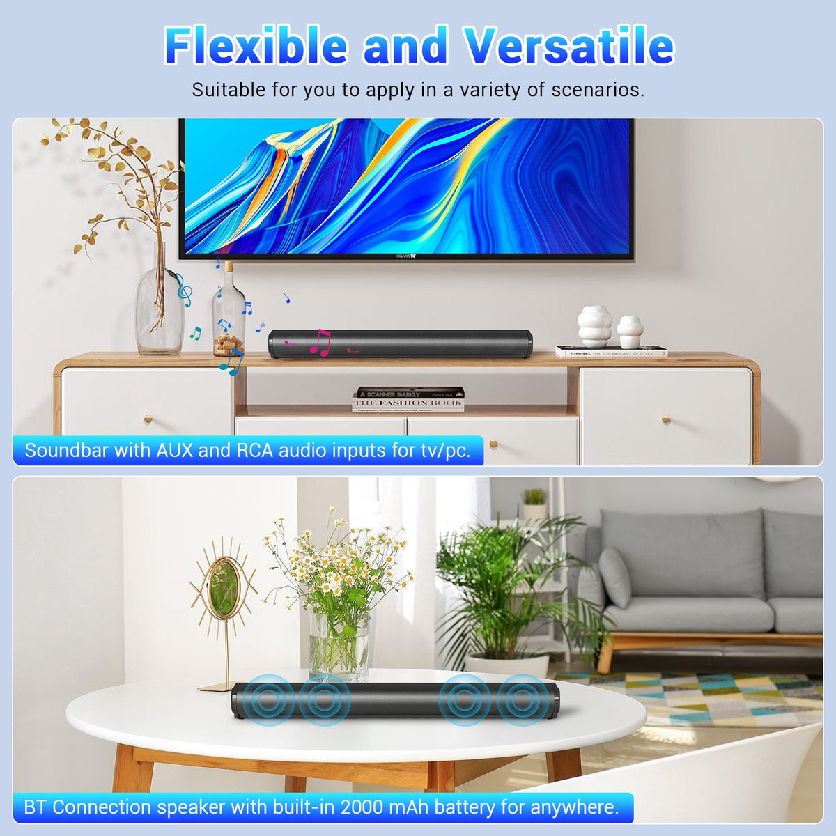 TV Soundbar Surround Sound System – Separable All-in-One Home Theater with 4x5W Magnetic Speakers, Echo Tube, Wireless & AUX Connection, TWS Pairing, Compatible with PC, Gaming & Projectors, Black