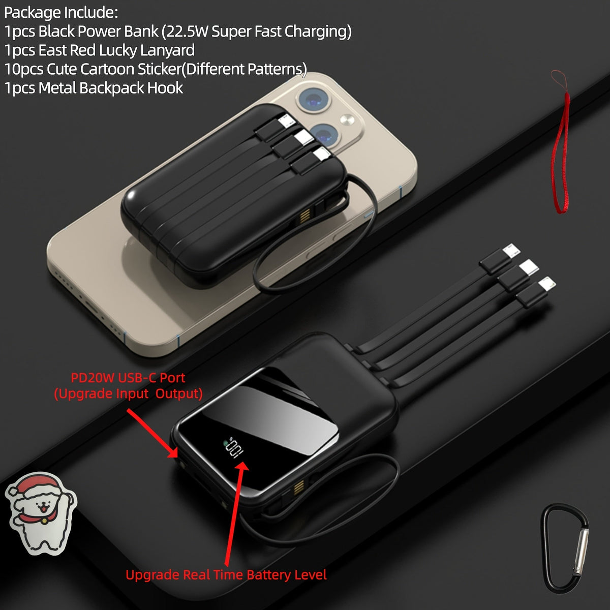 10000mAh Cute Cartoon Power Bank with 4 Built-In Cables & 22.5W Super Fast Charging - Portable Charger Dual LED Flashlight Compatible with iPhone Android USB-C, Travel Battery Pack Red Purple Black Yellow