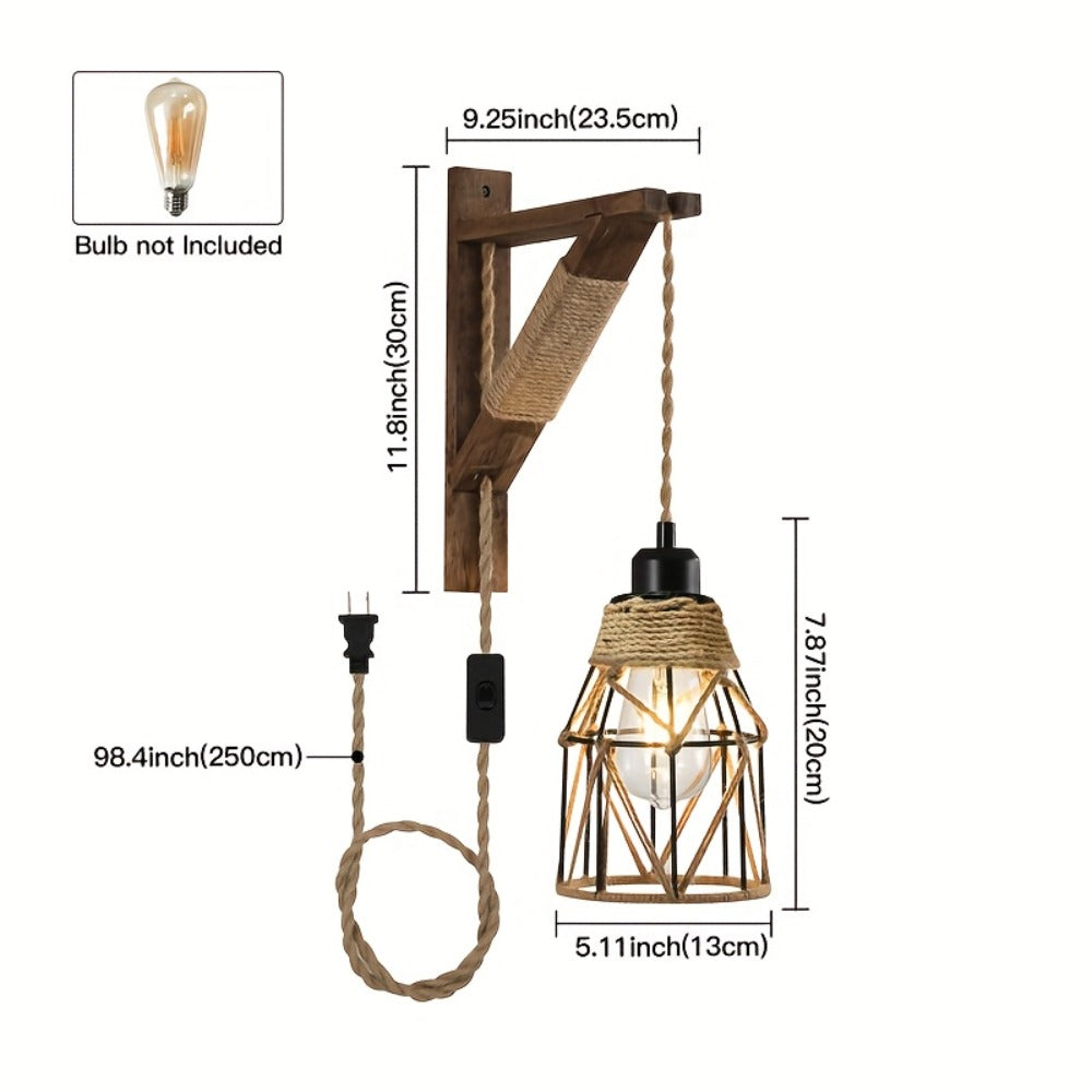 Plug In Wall Sconces Set of 2 or 1 – Rustic Farmhouse Wall Lamp with Metal Cage & Wooden Bracket, Plug-Into-Outlet Hanging Light for Bedroom, Living Room & Headboard