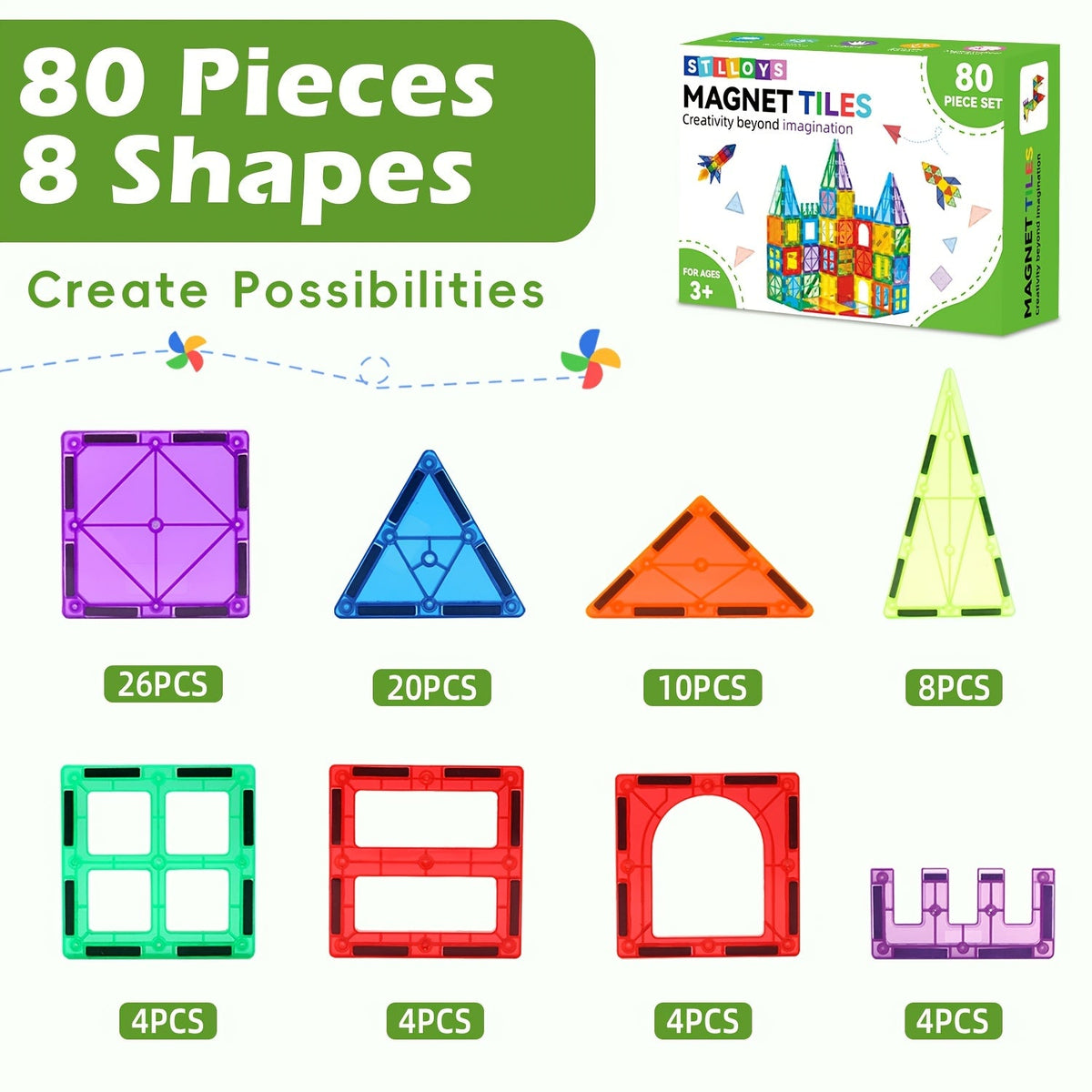 Clear Magnetic Tiles Building Set for Kids, 3D Magnet Blocks in 80, 106, 136 or 205 Pieces, Ages 3+