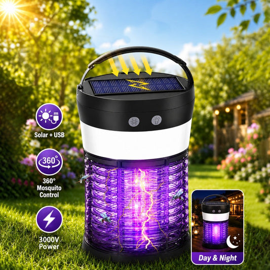 Solar Bug Zapper with White Light and Flashlight, 3000V Grid and USB-C Charging, Black